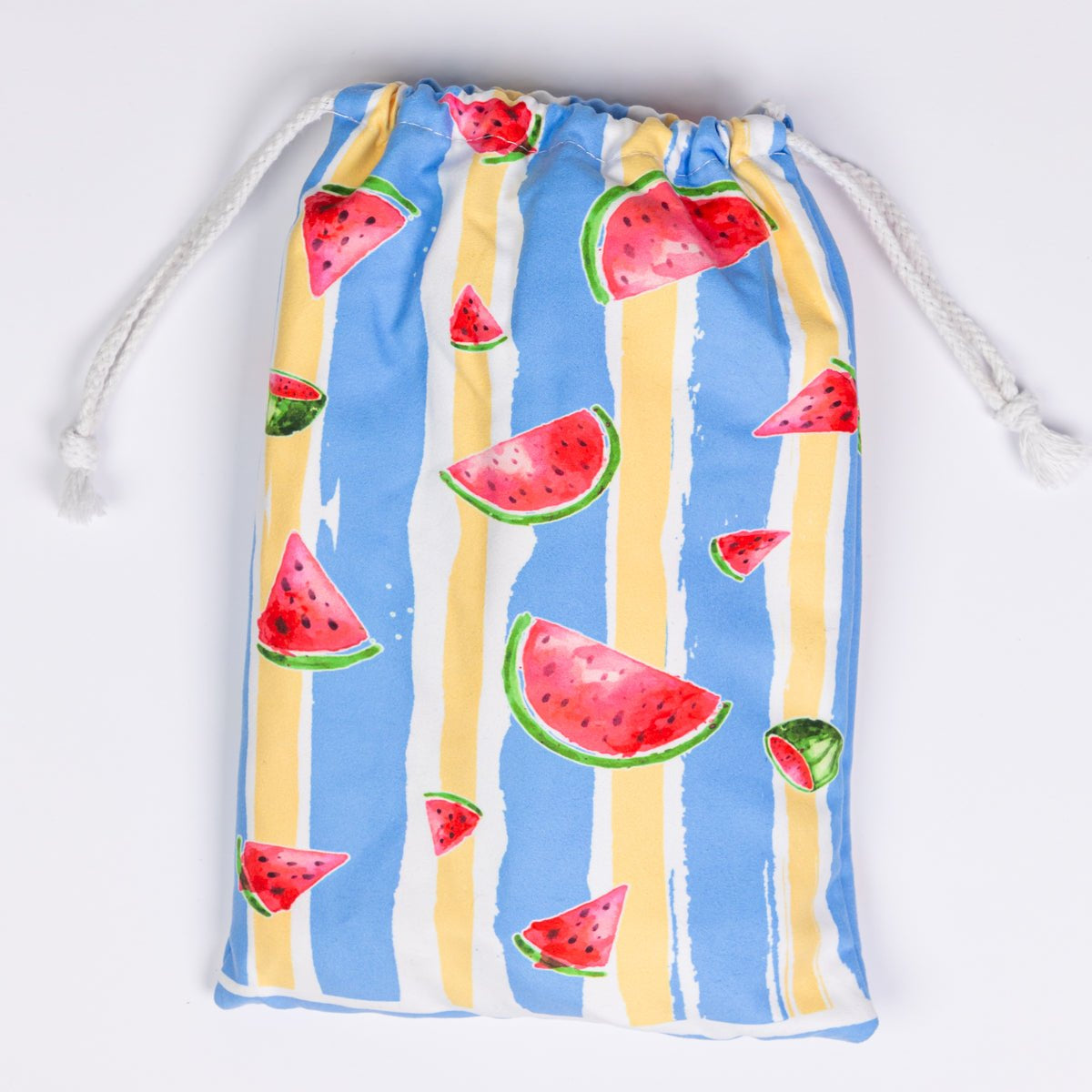 A Quick Dry, Sand Free, Light Weight, Compact and Ecofriendly Microfiber Beach Towel Pouch from La Toalla with a watermelon design